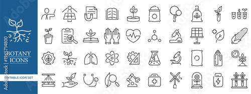 Botany Line Icons Set – Agriculture, Plant Science, Ecology and Biotechnology Editable Vector Collection