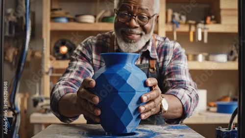 A skilled craftsman proudly examines a vibrant blue, geometrically patterned vase created using advanced additive manufacturing technology