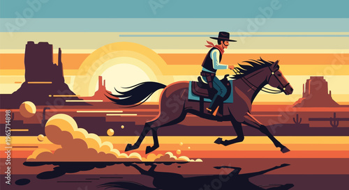 Western cowboy riding horse, desert landscape vector, sunset background, cowboy hat