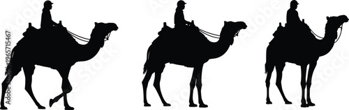 Camel Rider Silhouette Set with Different Walking Poses of Desert Caravan Traveler on Camel for Travel, Adventure, and Cultural Vector Illustration.