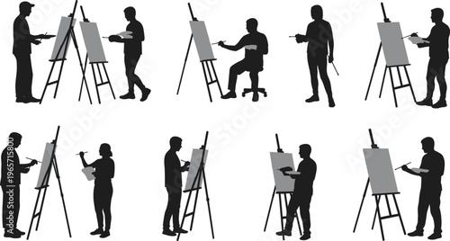 Silhouette vector of people painting at easels, illustrating creativity, art lessons, personal expression, and professional or hobbyist painters indoors.