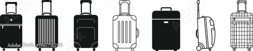 Black silhouette vector illustration of multiple suitcase designs with handles and wheels, travel luggage icons, modern bag artwork, tourism concept