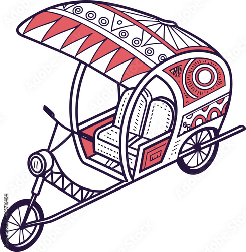 A pink and white tuk tuk with a colorful canopy