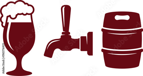 Rich red beer icons, frothy pint glass, classic tap, and traditional wooden barrel, a vector set for brewery branding and pub menus