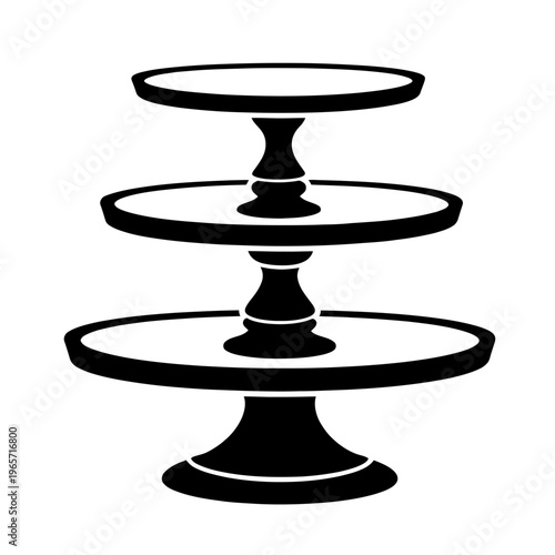 Black silhouette of a three-tiered cake stand on white background for bakery or dessert display