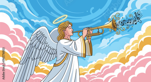 Angel blowing trumpet, heavenly music, white angel, golden trumpet, clouds