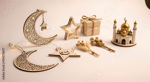Eid Mubarak Decorations with Gold Ornaments, Mosque Model, Gifts, and Dried Flowers for Ramadan Celebrations