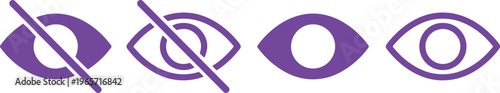 Visibility Toggle Icons, purple eye symbols for show and hide functions, user interface elements, modern web design vector graphics for digital projects