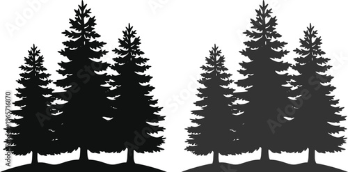 Pine tree forest silhouette vector, evergreen tree nature landscape, outdoor woodland graphic element, conifer plant illustration for wilderness and camping designs