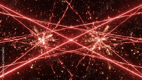 Abstract glowing red laser beams intersect and create a dynamic tunnel effect with sparkling particles in a dark void