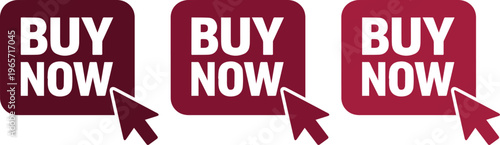 Buy Now button set, three vibrant red vector call-to-action buttons with mouse cursors, e-commerce web design elements for online shopping and sales conversions