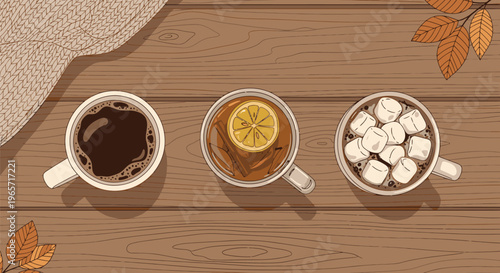 Three Mugs of Hot Chocolate on Wooden Table.