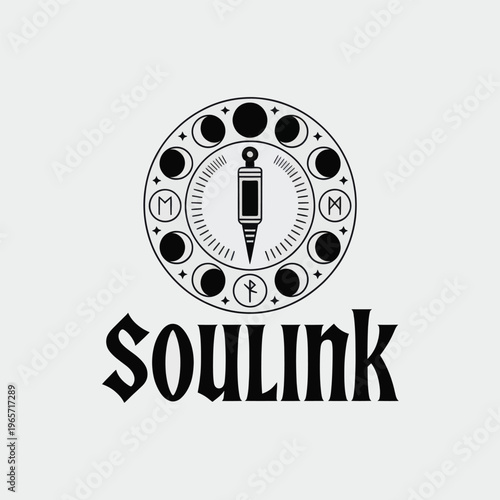 Mystical emblem featuring a pen and lunar phases with the word soulink beneath isolated on white background, Vector, illustration