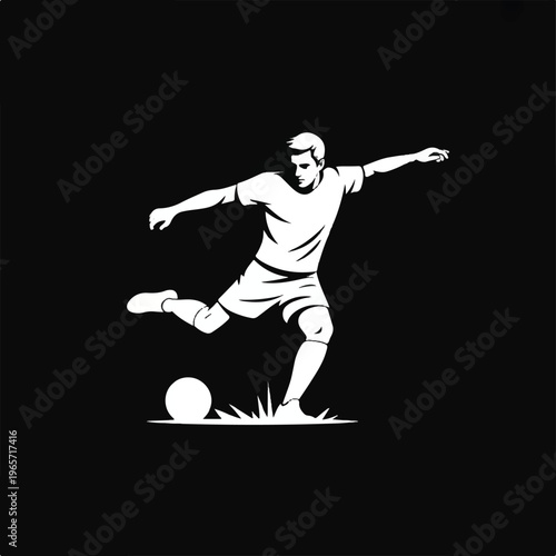a-minimalist-black-anA minimalist black and white illustration of a soccer player in mid-kick on a black background