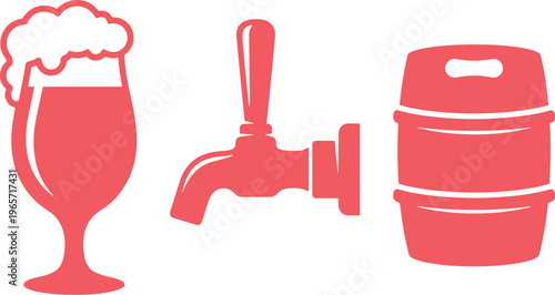 Red beer icons, frothy beer glass, classic tap, and metal keg vector set. Craft beer brewing and pub beverage elements for menus and branding.