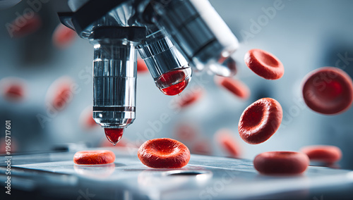 Close-up medical image showcasing a microscope with focus on red, circular blood cells in a science, lab setting