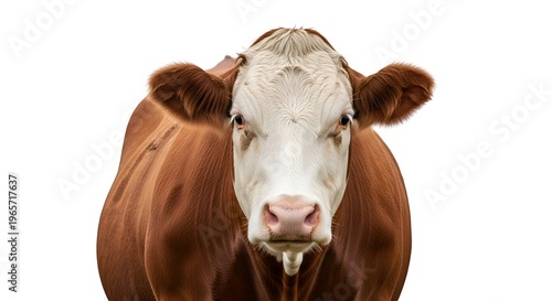 Close-up Portrait of a Brown Cow with White Face and Ears Looking Directly Forward