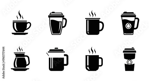 Eight solid black icons of various coffee mugs portable thermoses and brewing pots indicating hot liquid refreshment