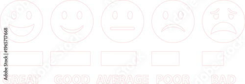 Customer Feedback Emoticon Set, 5-star rating scale with happy to sad faces, user experience survey vector icons, satisfaction level assessment for business and service reviews