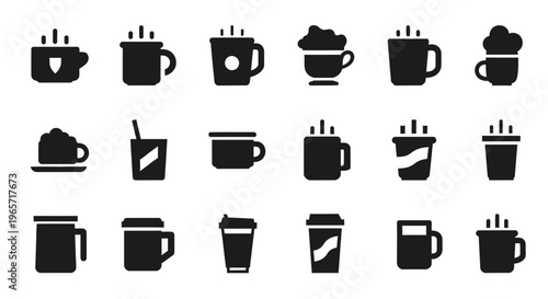 Diverse set of monochrome coffee and beverage cups including mugs, take-out containers, and a straw cup in flat design style