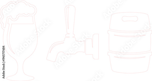 Minimalist beer vector icon set, refreshing frothy beer glass, classic beer tap, and a sturdy beer keg, essential beverage graphics for pubs and breweries