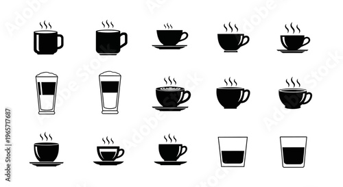 Set of black and white coffee icons including steaming mugs, espresso cups, latte glasses, and plain drink glasses on white