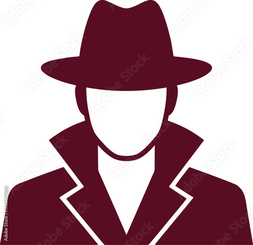 Mysterious detective silhouette, dark maroon fedora hat and trench coat, anonymous spy or private investigator icon, secret agent vector illustration for crime, mystery, and espionage themes