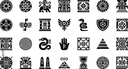 ancient symbols icons set, mystical sacred geometry signs, egyptian and tribal elements, occult spiritual icons, historical culture vector illustration