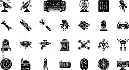 futuristic alien technology icons, sci fi gadget symbols, extraterrestrial devices, space communication tools, advanced tech illustration, UFO equipment vector set