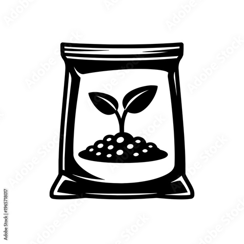 Black and white illustration of a seedling in a biodegradable bag with soil and fertilizer for sustainable gardening practices and eco friendly planting solutions in a modern urban setting