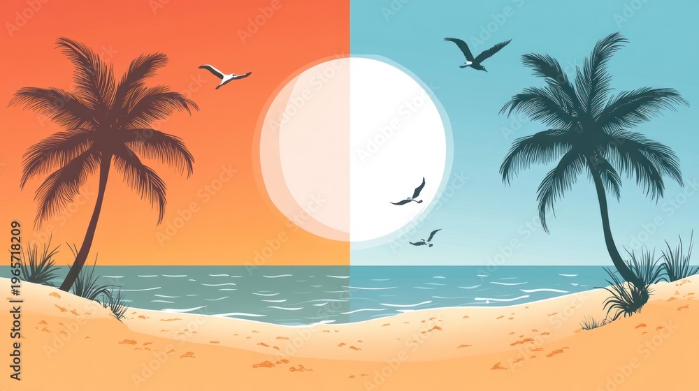Obraz premium A serene beach scene split into warm sunset hues and cool tranquil waters