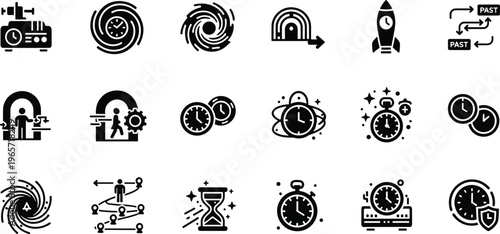 time travel icons set, futuristic clock symbols, timeline concept illustration, past present future arrows, temporal technology vector design elements