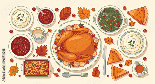 Thanksgiving Feast with Roasted Turkey and Sides.