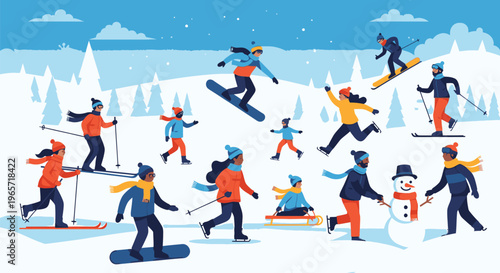 Skiers and Snowboarders Enjoying Winter Sports Together.