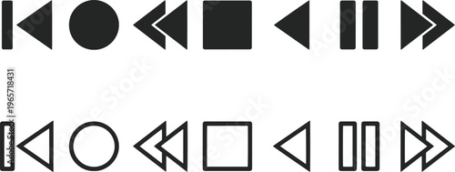 Minimalist Media Player Controls Vector Set, UI/UX Interface Icons for Audio and Video Playback, Black and White Graphic Elements for Web Design