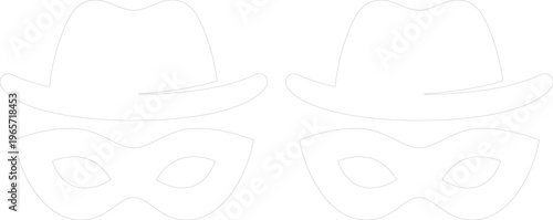 Minimalist white outline detective hat and mask vector set, mysterious spy disguise graphic elements, secret agent costume illustration for crime and mystery themes