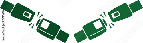 Green seat belt buckle icon, safety belt symbol, secure fastening graphic element. Car safety, travel security, and protection concept vector illustration for web, app, and signage.