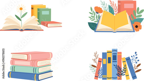 Colorful Book Collection with Open and Stacked Books and Floral Elements