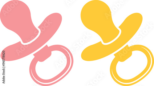 Pink and Yellow Baby Pacifier Vector Icons. Infant Soother or Dummy Silhouette Graphic. Newborn Child Care and Nursery Design Element.