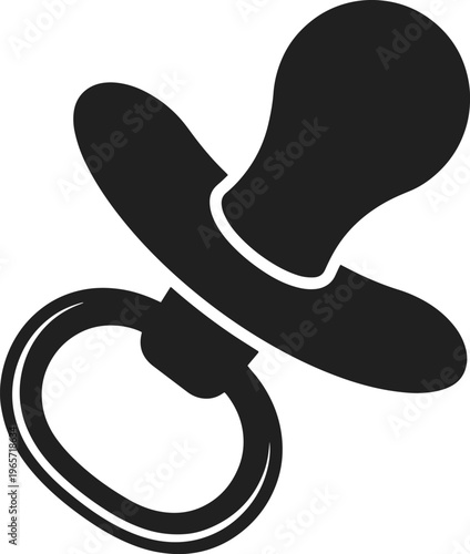 Baby pacifier icon, essential infant soother symbol, newborn child care accessory, black silhouette vector graphic for parenting designs