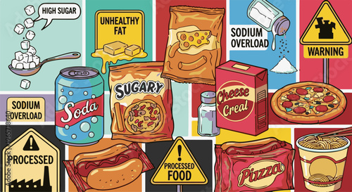 Processed foods, high sugar, unhealthy fat, and sodium overload warnings