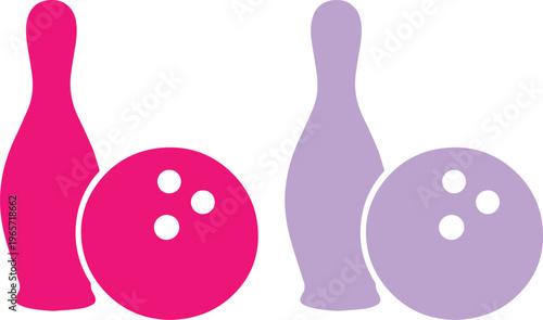 Vibrant bowling pin and ball vector illustration, a striking duo in hot pink and soft lavender. Classic bowling game elements, perfect for sports graphics, leisure activity designs