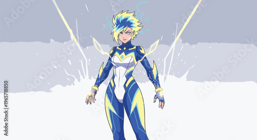 Futuristic Female Superhero in Blue Suit.