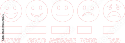 Customer satisfaction rating vector, five-point feedback scale with emoji faces, user experience survey icons, sentiment analysis graphic for reviews and service quality.