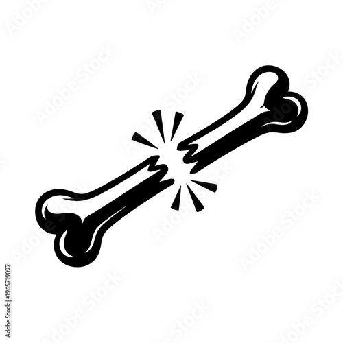 A broken bone with a crack and explosion effect, symbolizing injury or fracture in a cartoonish style on a white background