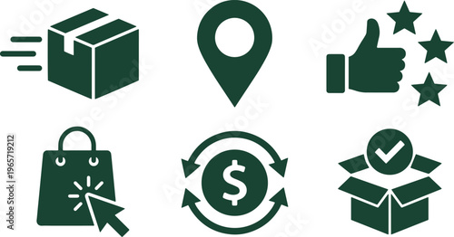 E-commerce vector icon set, online shopping and delivery symbols, digital marketplace graphics, customer service and satisfaction elements, business logistics and payment solutions