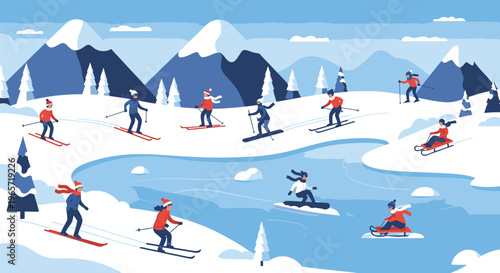 Skiers Enjoying Winter Sports on Snowy Mountains.