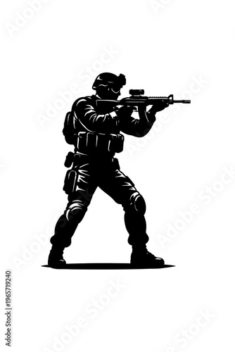 Soldier in tactical gear aiming rifle in a combat stance on white background