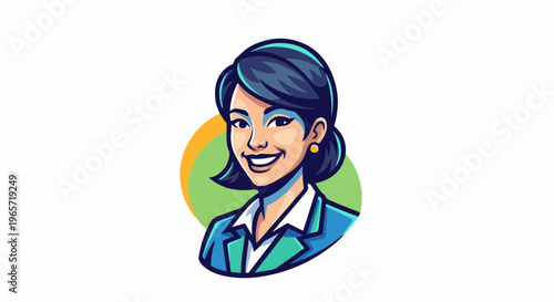 Professional woman with blue jacket, smiling broadly, light skin