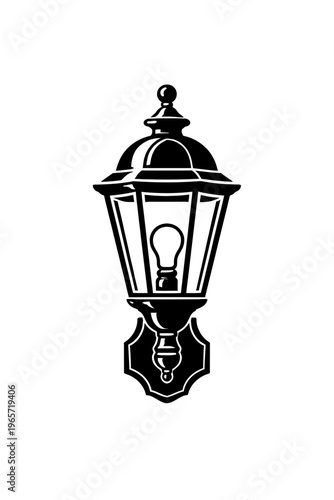 Black and white illustration of a classic outdoor wall mounted lantern light fixture with a glass enclosure and metal frame